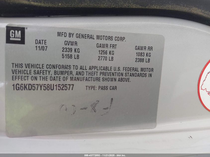 2008 Cadillac Dts 1Sb VIN: 1G6KD57Y58U152577 Lot: 43772093