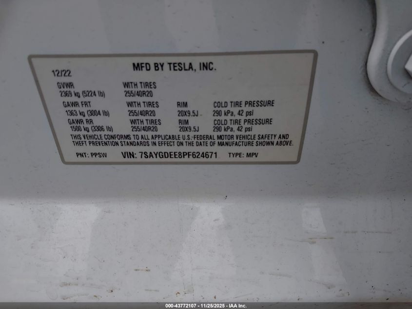 2023 Tesla Model Y Awd/Long Range Dual Motor All-Wheel Drive VIN: 7SAYGDEE8PF624671 Lot: 43772107