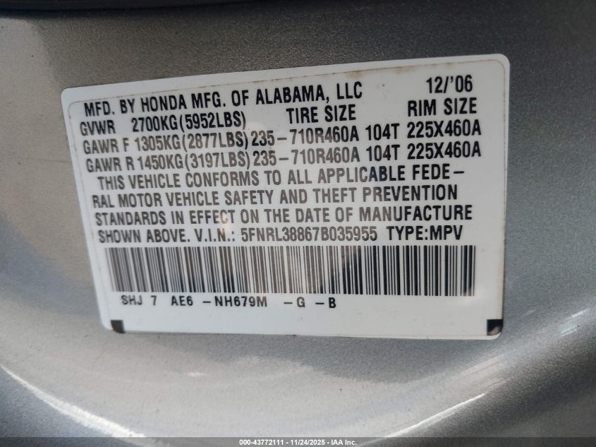 2007 Honda Odyssey Touring VIN: 5FNRL38867B035955 Lot: 43772111