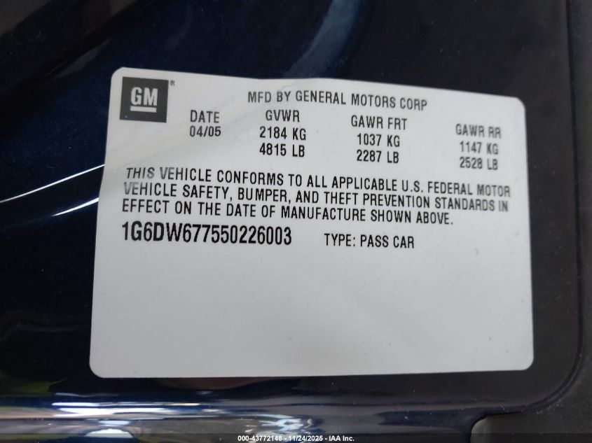 2005 Cadillac Sts V6 VIN: 1G6DW677550226003 Lot: 43772148