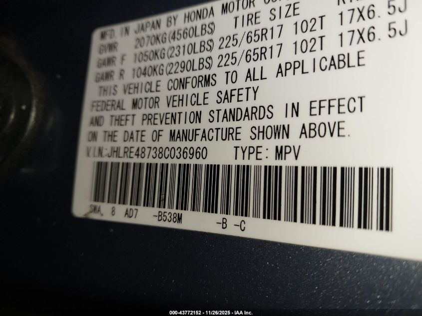 2008 Honda Cr-V Ex-L VIN: JHLRE48738C036960 Lot: 43772152