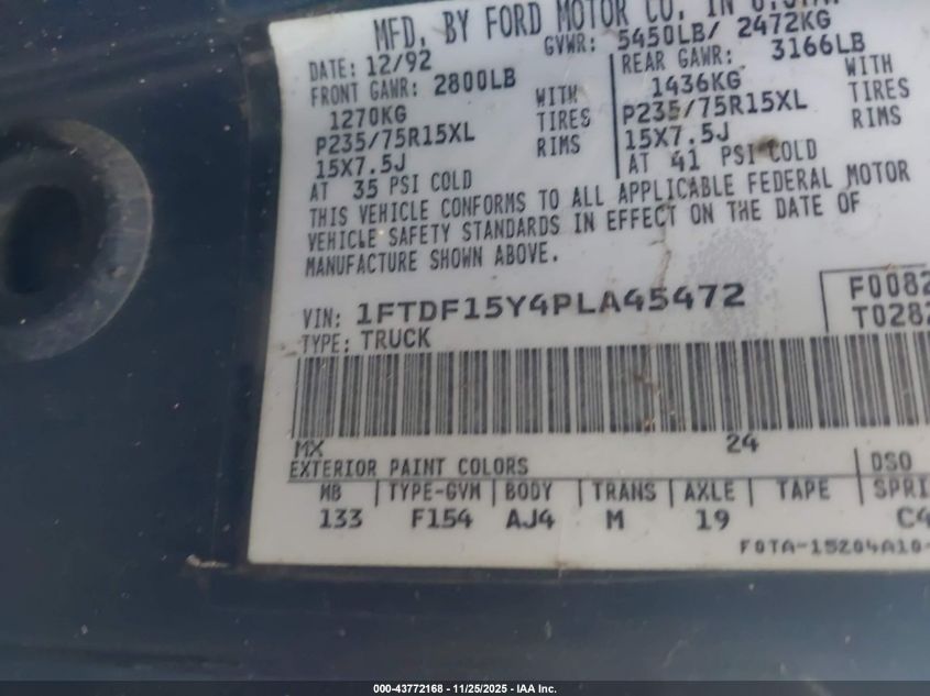 1993 Ford F150 VIN: 1FTDF15Y4PLA45472 Lot: 43772168