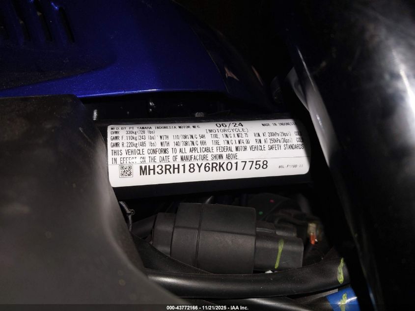 2024 Yamaha Yzfr3 A VIN: MH3RH18Y6RK017758 Lot: 43772166