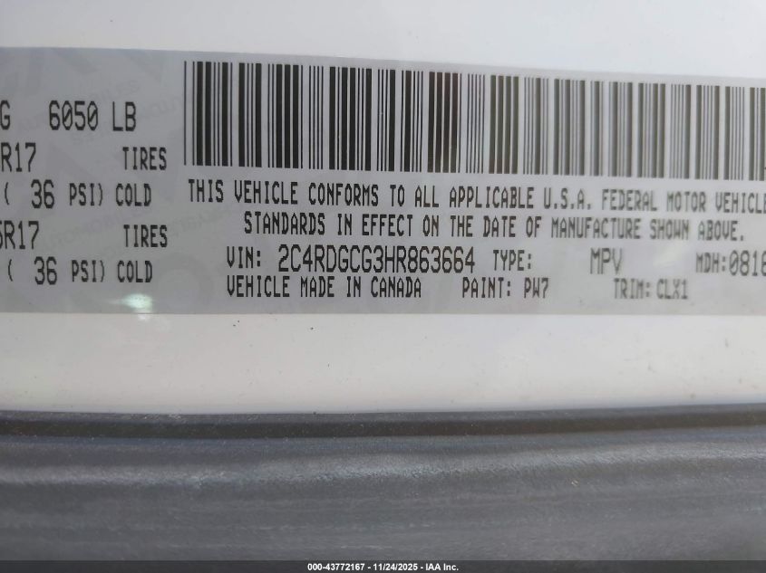 2017 Dodge Grand Caravan Sxt VIN: 2C4RDGCG3HR863664 Lot: 43772167