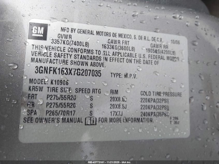 2007 Chevrolet Suburban 1500 Ltz VIN: 3GNFK163X7G207035 Lot: 43772181