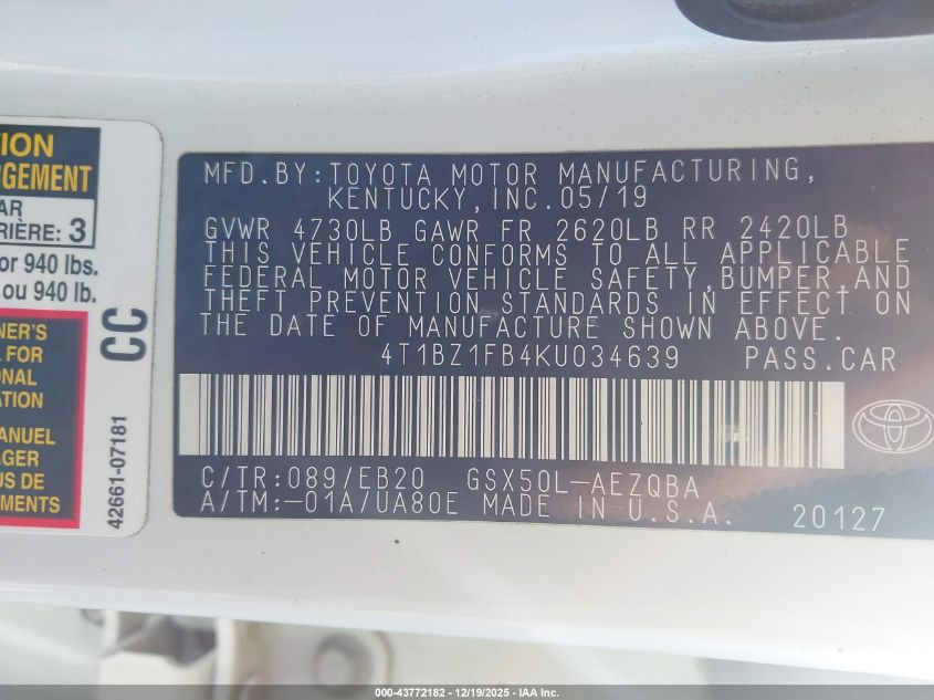 2019 Toyota Avalon Xse VIN: 4T1BZ1FB4KU034639 Lot: 43772182