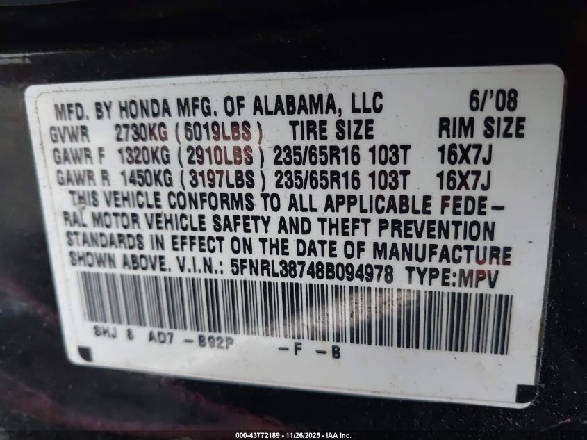 2008 Honda Odyssey Ex-L VIN: 5FNRL38748B094978 Lot: 43772189