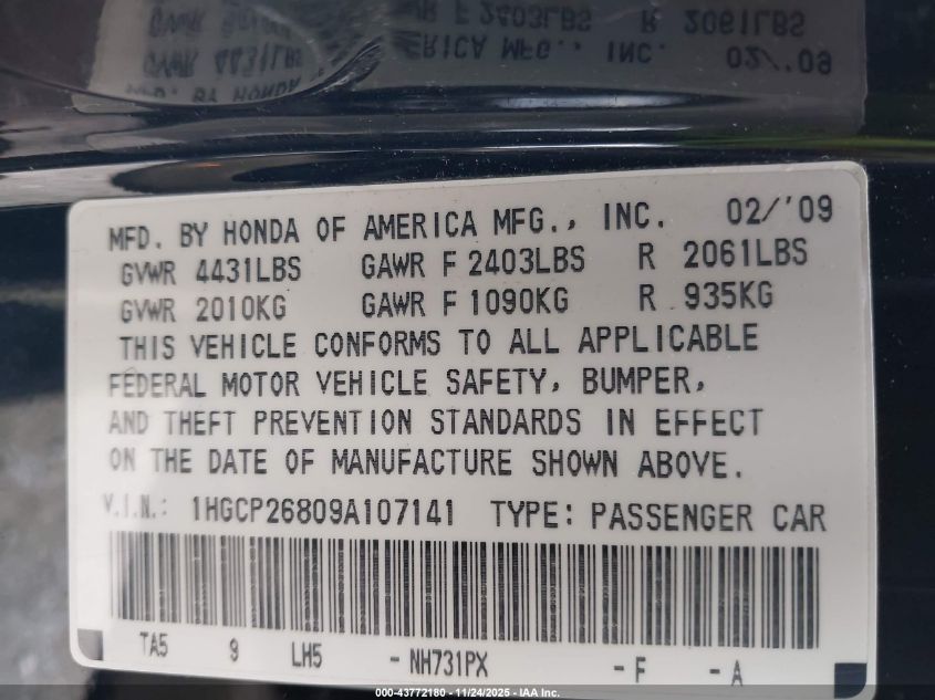 2009 Honda Accord 2.4 Ex-L VIN: 1HGCP26809A107141 Lot: 43772180
