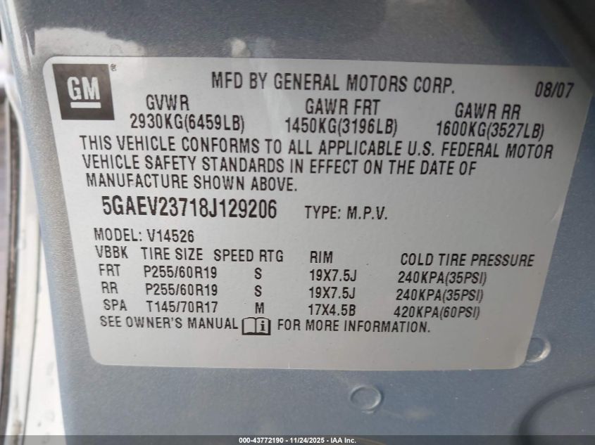 2008 Buick Enclave Cxl VIN: 5GAEV23718J129206 Lot: 43772190