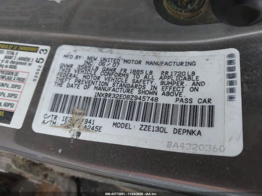 2008 Toyota Corolla Le VIN: 1NXBR32E08Z945748 Lot: 43772201