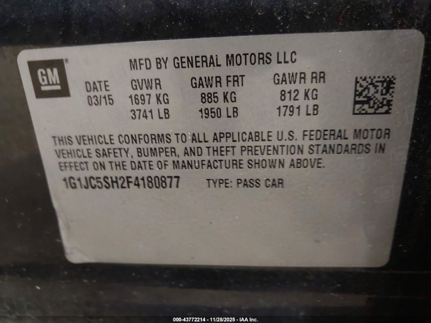 2015 Chevrolet Sonic Lt Auto VIN: 1G1JC5SH2F4180877 Lot: 43772214