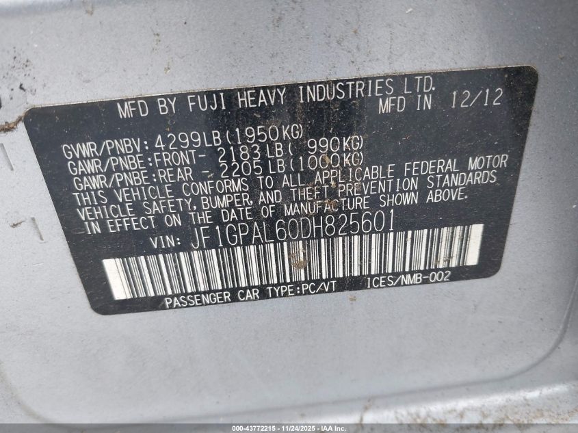2013 Subaru Impreza 2.0I Sport Premium VIN: JF1GPAL60DH825601 Lot: 43772215