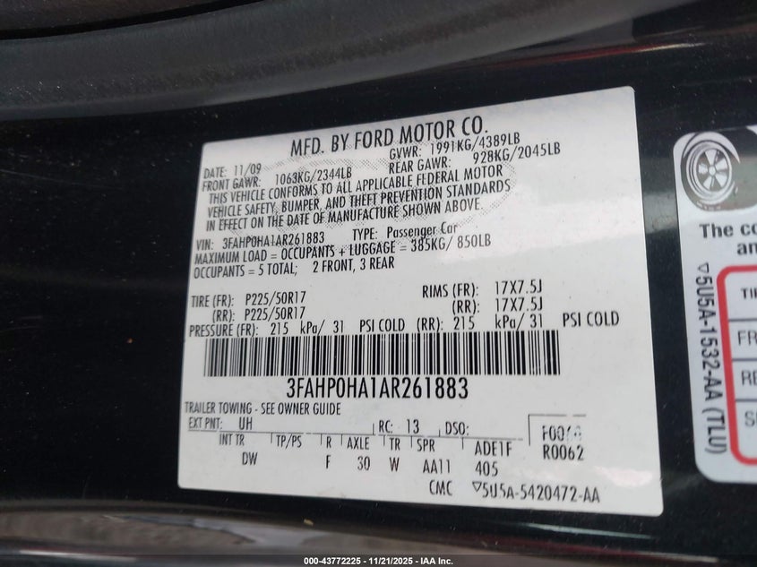 3FAHP0HA1AR261883 2010 FORD FUSION photo no. 9