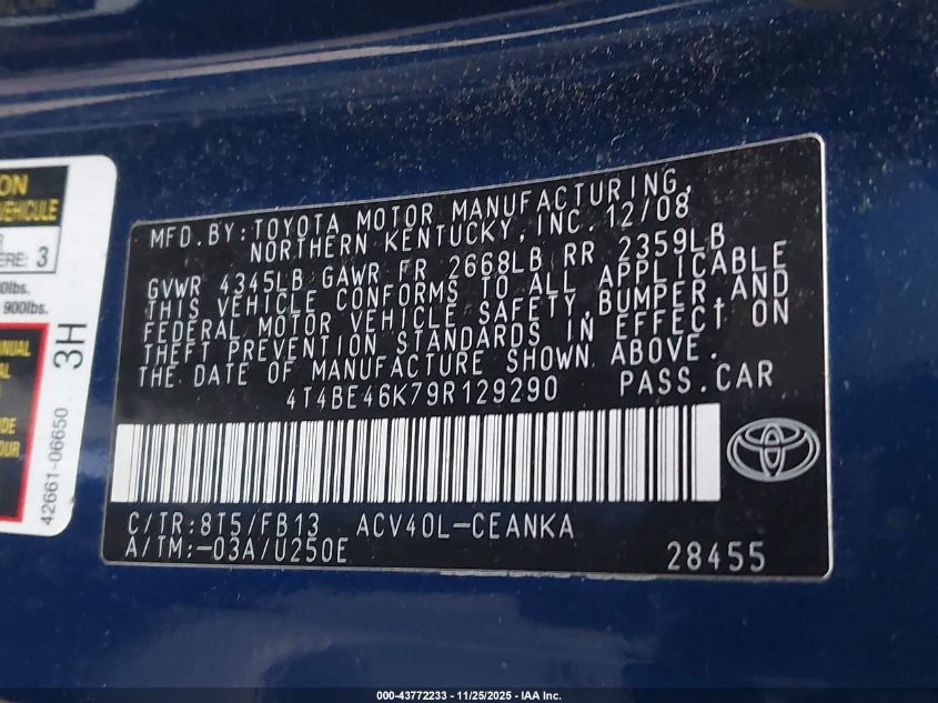 2009 Toyota Camry Le VIN: 4T4BE46K79R129290 Lot: 43772233