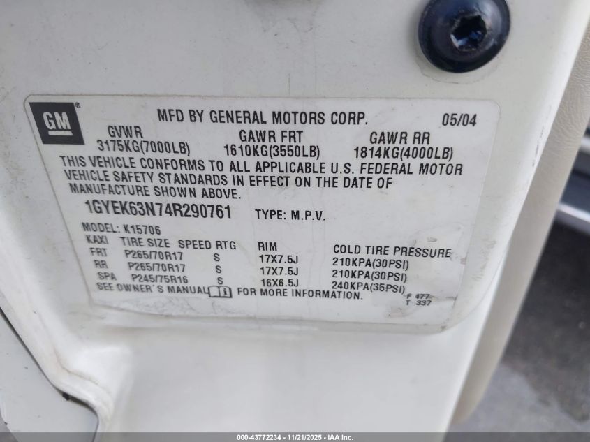 2004 Cadillac Escalade Standard VIN: 1GYEK63N74R290761 Lot: 43772234
