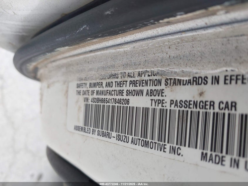 2001 Subaru Outback VIN: 4S3BH665417646206 Lot: 43772246