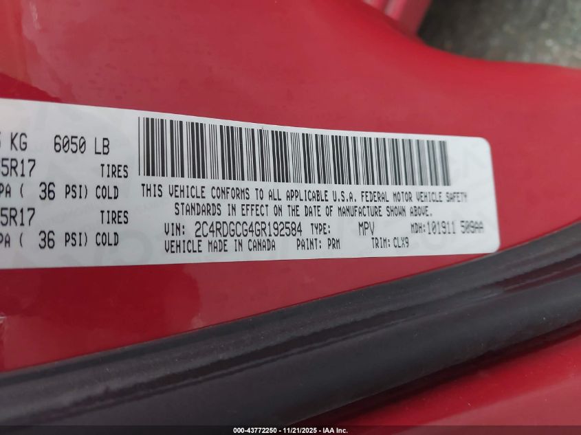 2016 Dodge Grand Caravan Sxt VIN: 2C4RDGCG4GR192584 Lot: 43772250