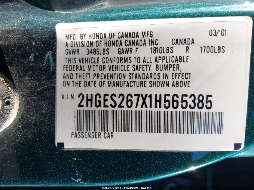 2001 Honda Civic Ex VIN: 002HGES267X1H5653 Lot: 43772251