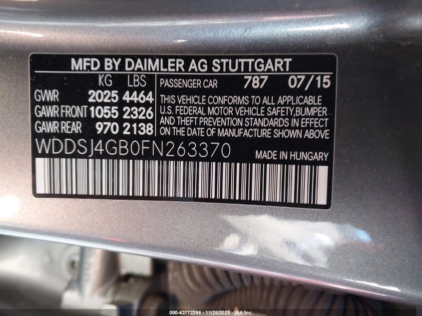 2015 Mercedes-Benz Cla 250 4Matic VIN: WDDSJ4GB0FN263370 Lot: 43772266