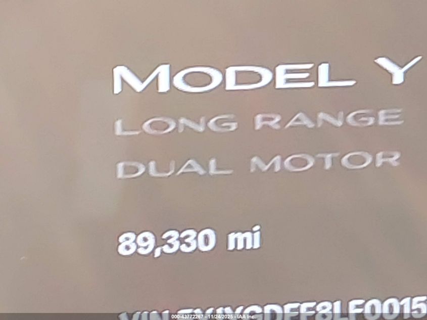 2020 Tesla Model Y Long Range Dual Motor All-Wheel Drive/Performance Dual Motor All-Wheel Drive VIN: 5YJYGDEF8LF001597 Lot: 43772267