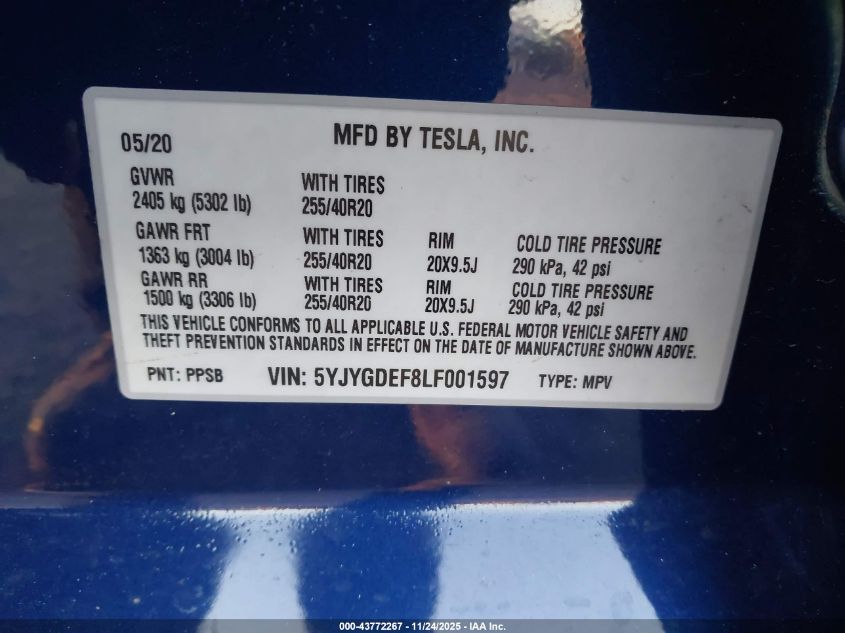 2020 Tesla Model Y Long Range Dual Motor All-Wheel Drive/Performance Dual Motor All-Wheel Drive VIN: 5YJYGDEF8LF001597 Lot: 43772267