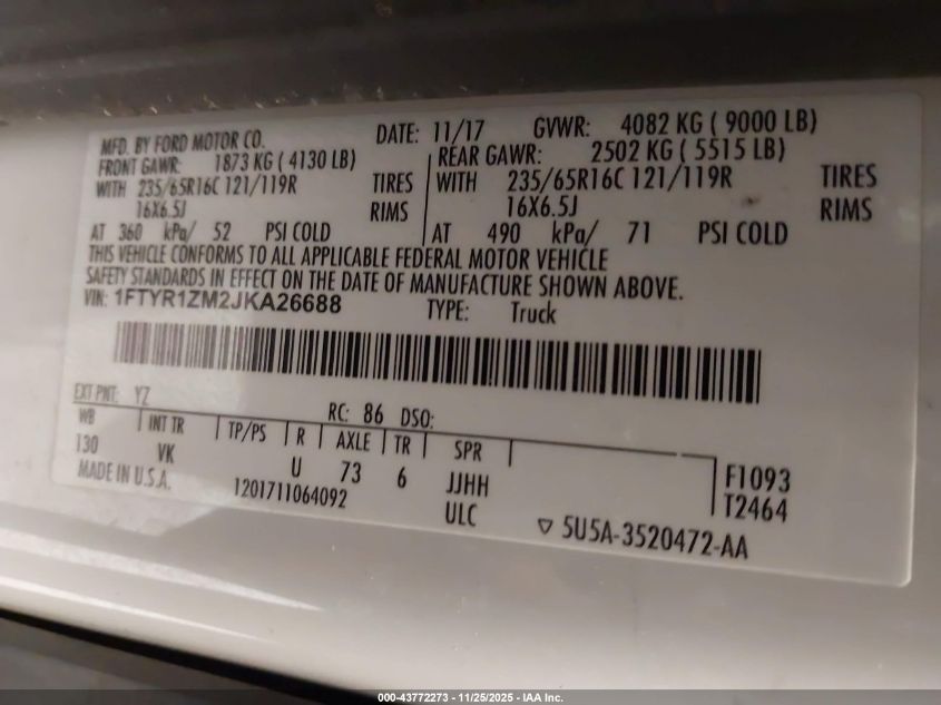 2018 Ford Transit Van Base W/60/40 Pass-Side Cargo Doors VIN: 1FTYR1ZM2JKA26688 Lot: 43772273