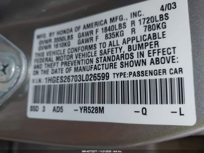 2003 Honda Civic Ex VIN: 1HGES26703L026599 Lot: 43772277