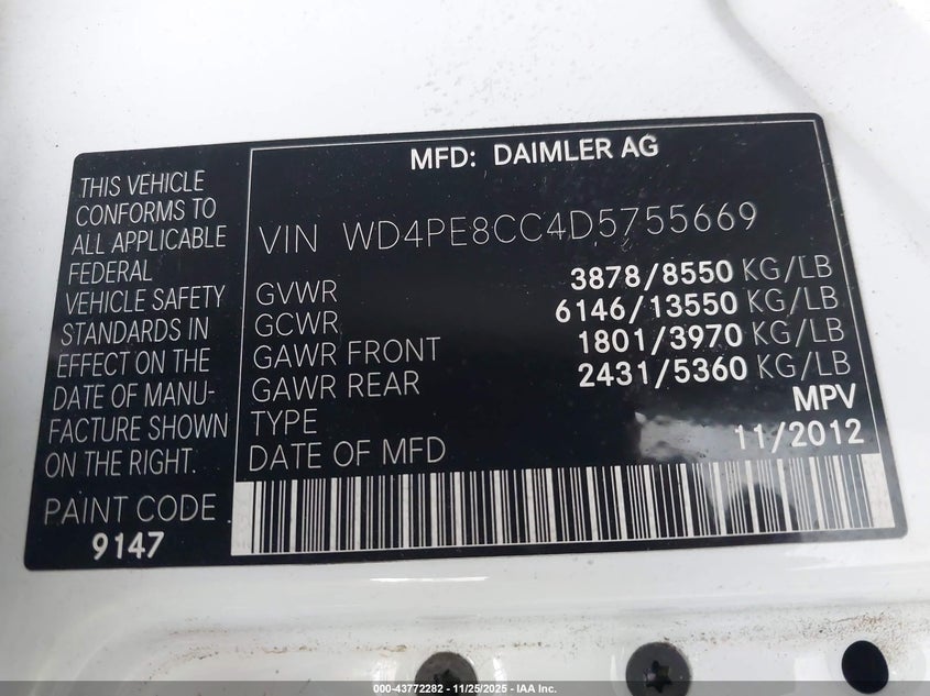 2013 Mercedes-Benz Sprinter 2500 High Roof VIN: WD4PE8CC4D5755669 Lot: 43772282