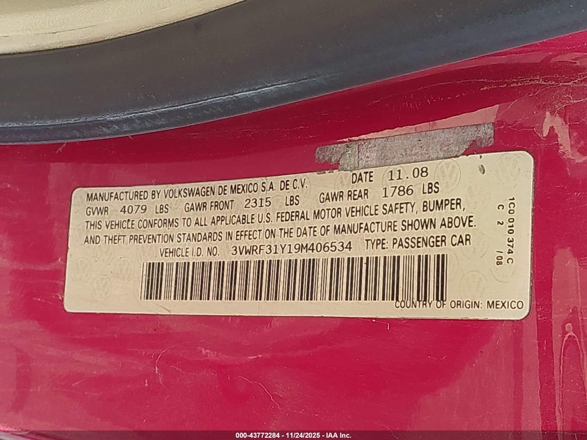 2009 Volkswagen New Beetle 2.5L VIN: 3VWRF31Y19M406534 Lot: 43772284