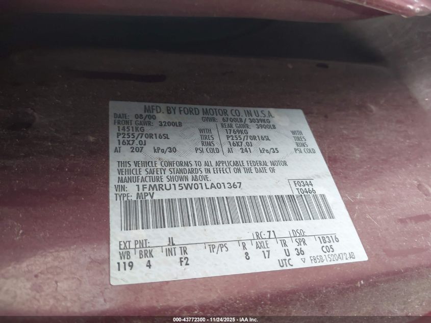 2001 Ford Expedition Xlt VIN: 1FMRU15W01LA01367 Lot: 43772300