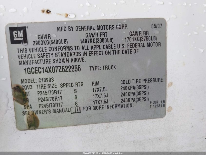 2007 Chevrolet Silverado 1500 Work Truck VIN: 1GCEC14X07Z622856 Lot: 43772326