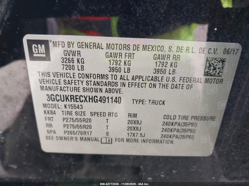 2017 Chevrolet Silverado 1500 1Lt VIN: 3GCUKRECXHG491140 Lot: 43772330