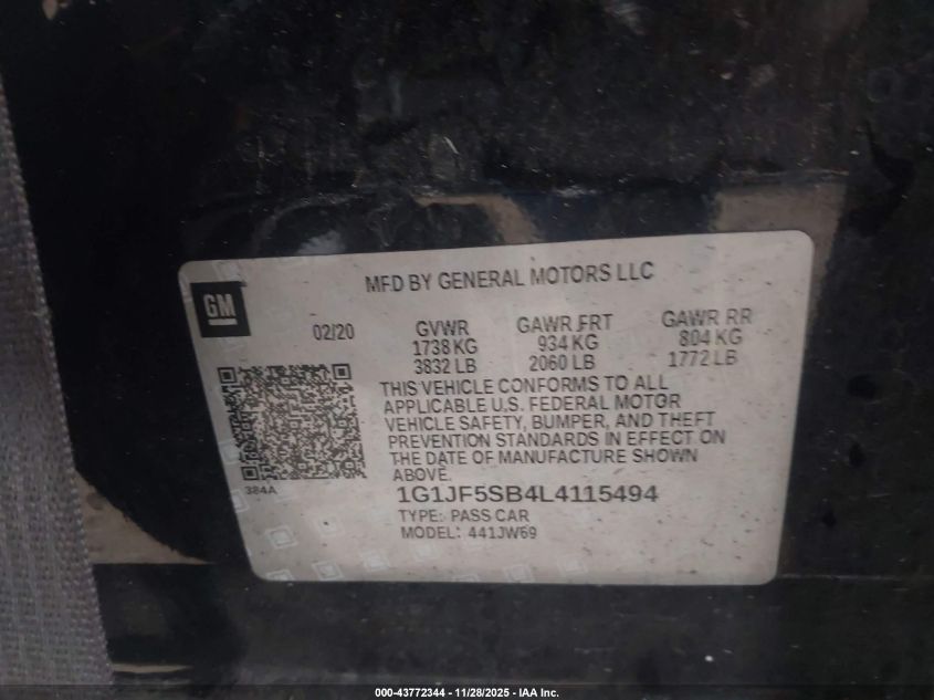 2020 Chevrolet Sonic Fwd Premier VIN: 1G1JF5SB4L4115494 Lot: 43772344