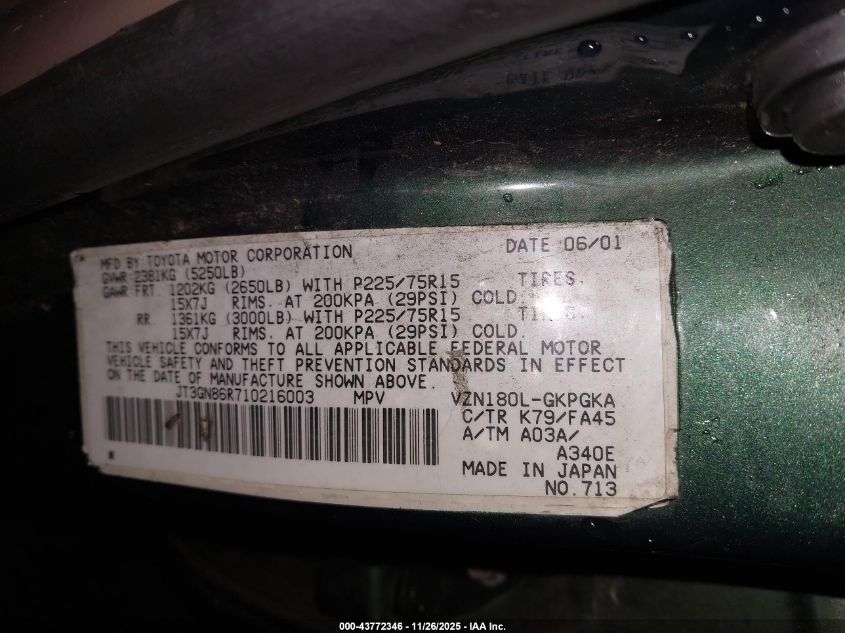 2001 Toyota 4Runner Sr5 V6 VIN: JT3GN86R710216003 Lot: 43772346