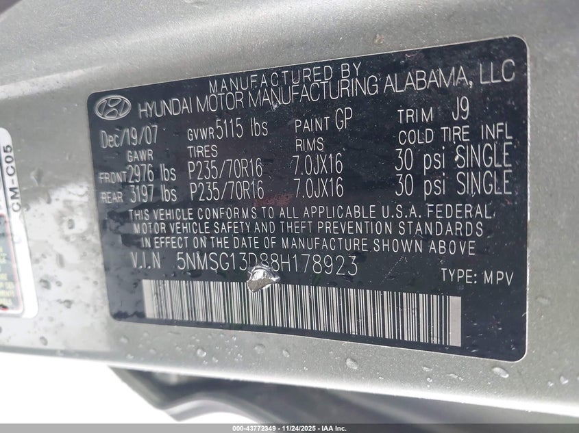 5NMSG13D88H178923 2008 HYUNDAI SANTA FE photo no. 9