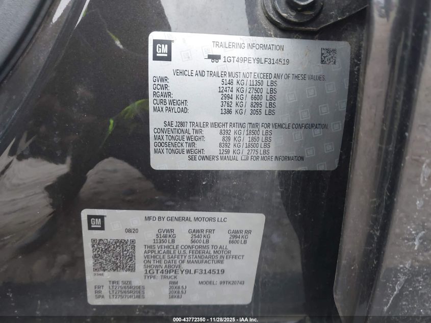 2020 GMC Sierra 2500Hd 4Wd Standard Bed At4 VIN: 1GT49PEY9LF314519 Lot: 43772350