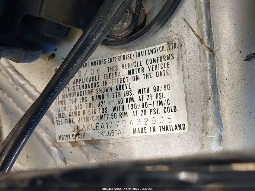 2007 Kawasaki Kl650 A VIN: JKAKLEA107DA32905 Lot: 43772355