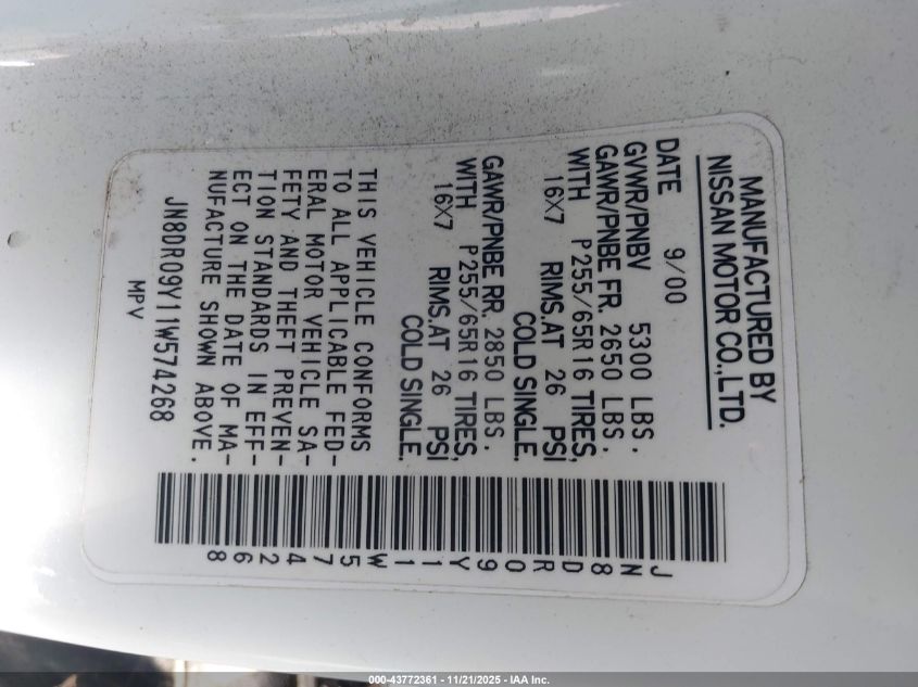 2001 Nissan Pathfinder Le VIN: JN8DR09Y11W574268 Lot: 43772361