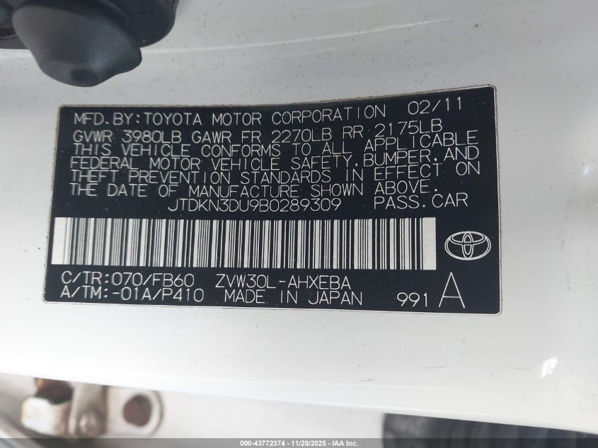 2011 Toyota Prius Two VIN: JTDKN3DU9B0289309 Lot: 43772374