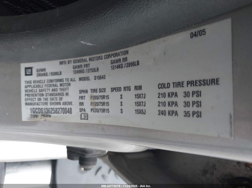 2005 Chevrolet Colorado Ls VIN: 1GCDS136258270048 Lot: 43772376