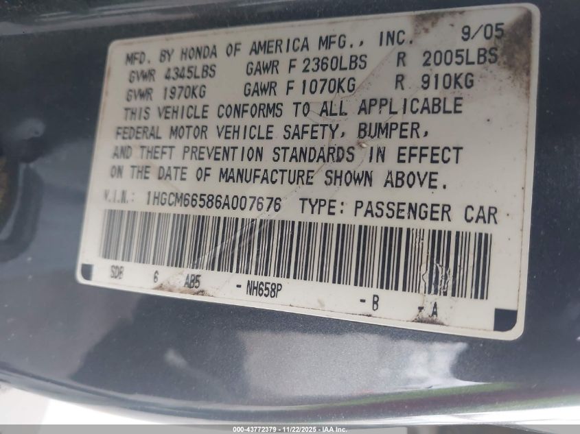 2006 Honda Accord 3.0 Ex VIN: 1HGCM66586A007676 Lot: 43772379