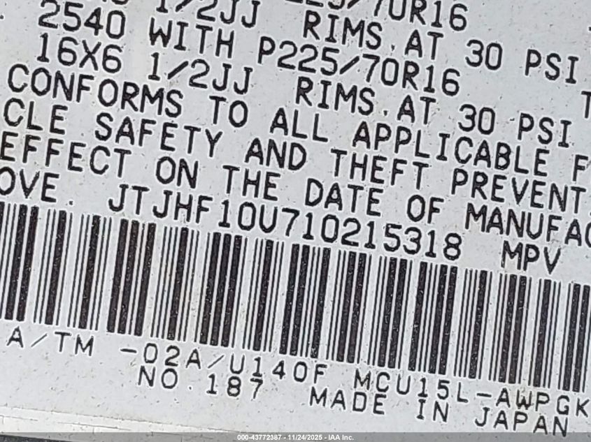 2001 Lexus Rx 300 VIN: JTJHF10U710215318 Lot: 43772387