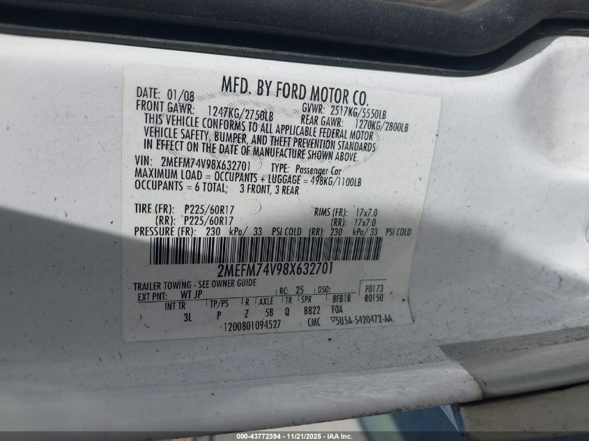 2008 Mercury Grand Marquis Gs VIN: 2MEFM74V98X632701 Lot: 43772394