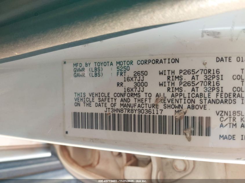 2000 Toyota 4Runner Limited V6 VIN: JT3HN87R8Y9036117 Lot: 43772403