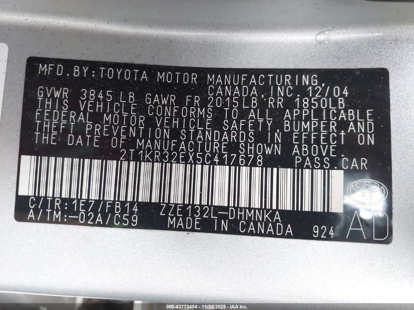 2005 Toyota Matrix Xr VIN: 2T1KR32EX5C417678 Lot: 43772404