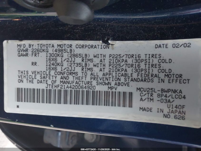 2002 Toyota Highlander Limited V6 VIN: JTEHF21A420064920 Lot: 43772420