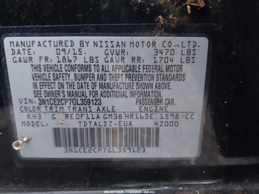 2016 Nissan Versa Note VIN: 3N1CE2CP7GL359123 Lot: 43772429