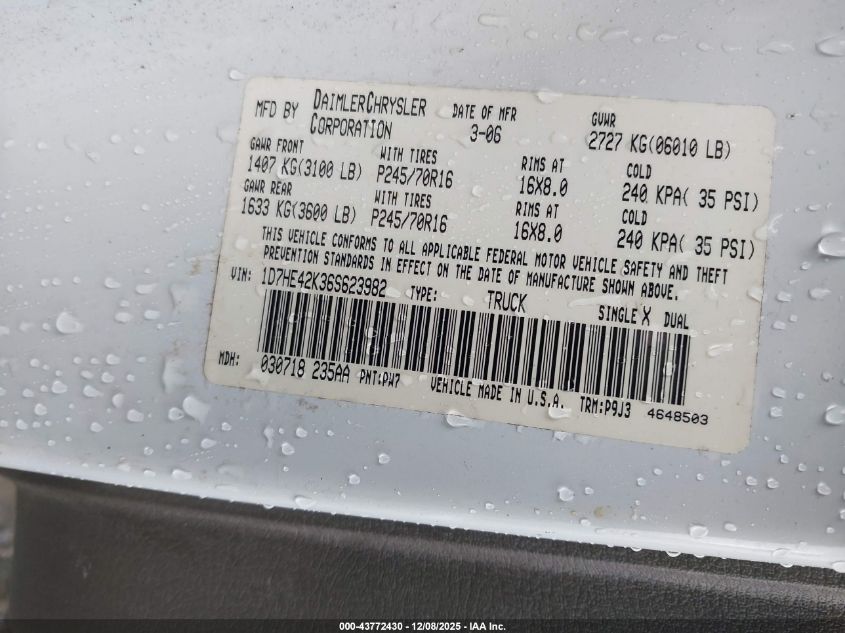 2006 Dodge Dakota Slt VIN: 1D7HE42K36S623982 Lot: 43772430