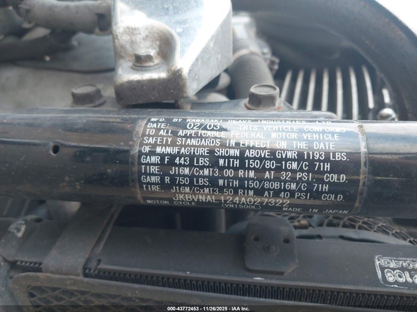 2004 Kawasaki Vn1500 L VIN: JKBVNAL124A027322 Lot: 43772453