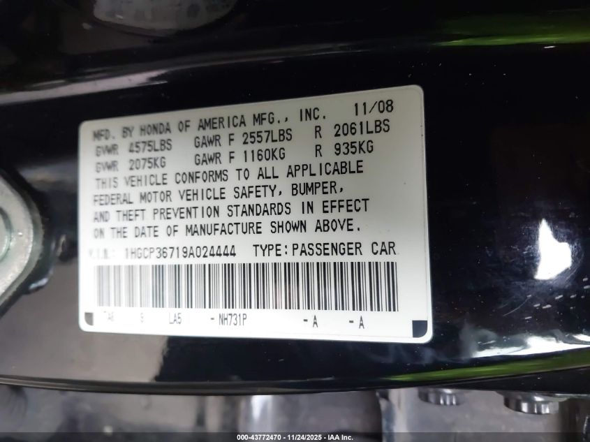 2009 Honda Accord 3.5 Ex VIN: 1HGCP36719A024444 Lot: 43772470
